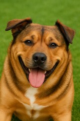 Fototapeta premium A cheerful AI-generated close-up of a happy brown dog with black markings and white chest, laying on bright green grass. The dog looks directly at the viewer with a friendly expression and tongue out