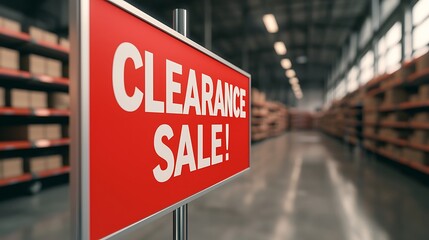 A vibrant red sign reads "CLEARANCE SALE!" in a spacious warehouse with shelves lined with boxes, indicating a promotional sale event.
