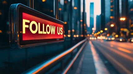 A vibrant city scene featuring a glowing "FOLLOW US" sign, illuminated amidst skyscrapers, capturing the essence of urban life and engagement.