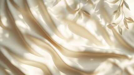 Flowing cream colored fabric with shadows of leaves cast upon it