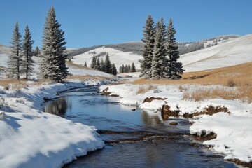 Outdoors Trees: Tranquil Scene of Snow-Covered Field with Stream and Nature