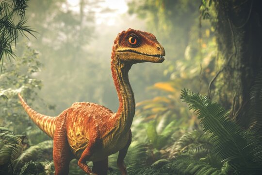 Oviraptor. Citipati, the Cretaceous Dinosaur in Asian Jungle. 3D Rendering of Prehistoric Animal