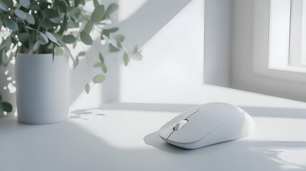 Minimalist workspace: White computer mouse, plant, and sunlight create a calm and productive atmosphere.