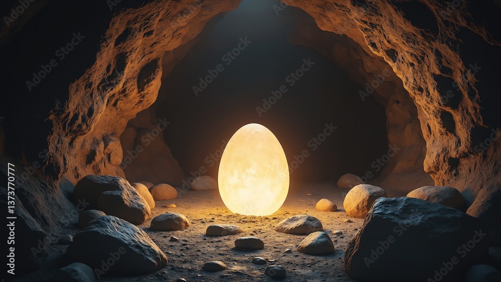Aufkleber Mysterious Large Egg Surrounded by Dim Light in Dark Cave Setting with Rocks and Shadows Enhancing the Enigmatic Atmosphere
