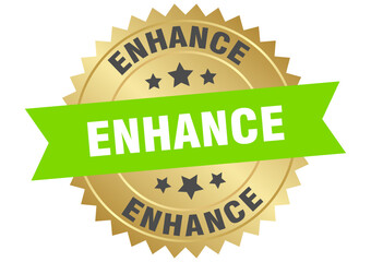enhance. enhance round green and gold label isolated on transparent background