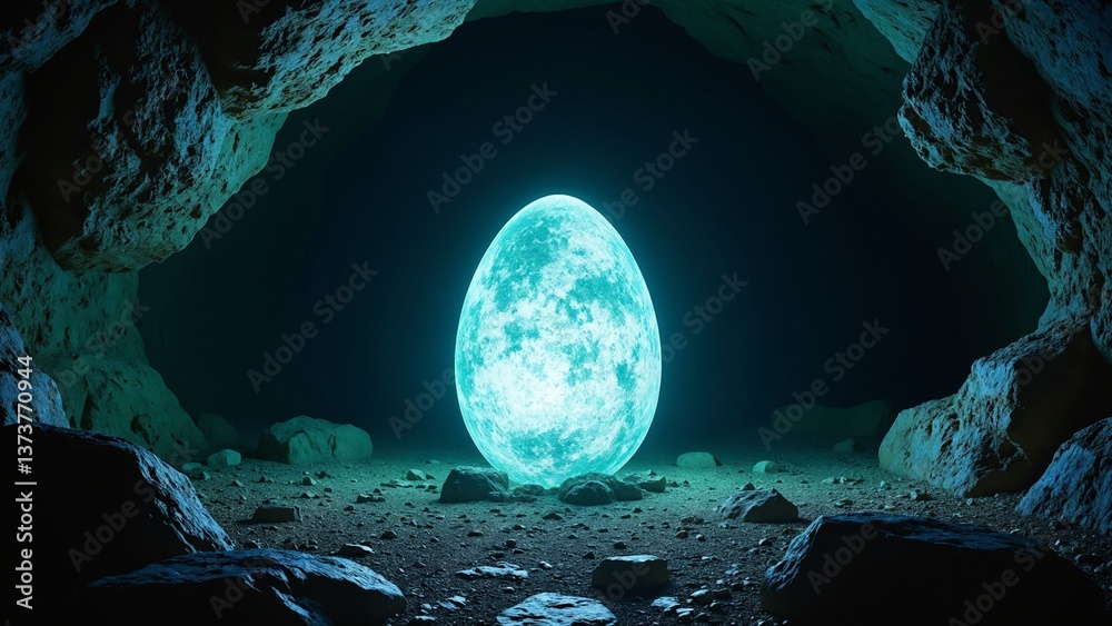Aufkleber Mysterious Large Egg Surrounded by Dim Light in Dark Cave Setting with Rocks and Shadows Enhancing the Enigmatic Atmosphere