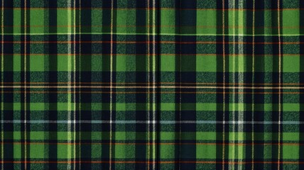 A vibrant green plaid pattern with deep navy, orange, and white accents, perfect for seasonal fashion and home decor.