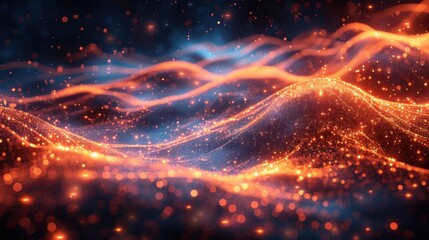 Glowing abstract waves with orange and blue light particles in motion
