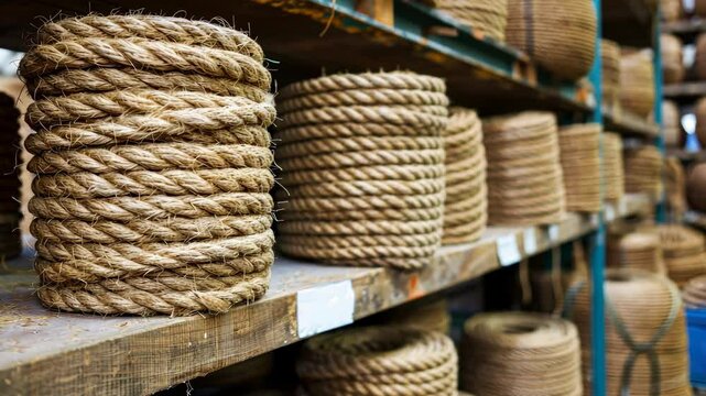 View of neatly arranged rolls of natural fiber rope in a warehouse, emphasizing the texture and craftsmanship involved
