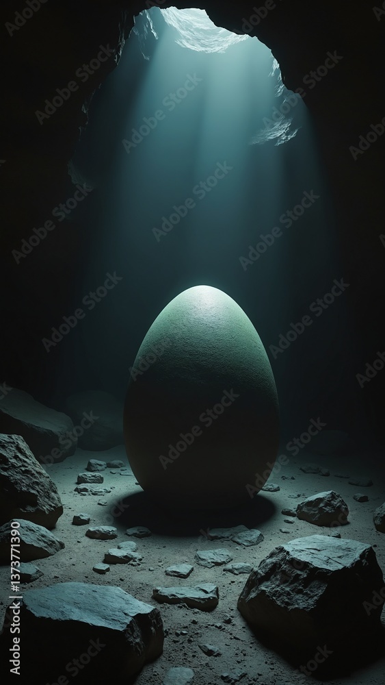 Poster Mysterious Large Egg Surrounded by Dim Light in Dark Cave Setting with Rocks and Shadows Enhancing the Enigmatic Atmosphere
