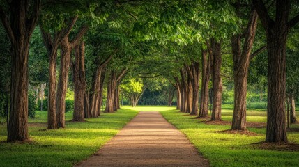 Park Nature. Tranquil Pathway Amongst Trees in Lush Park Landscape