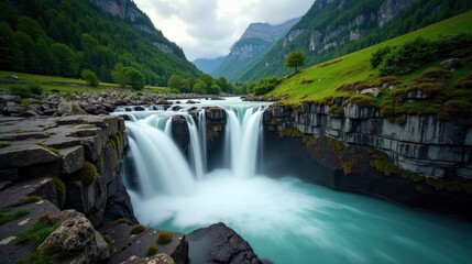 Fototapeta premium A high-quality photo of Reichenbach Falls in Switzerland at dawn, rainy conditions, taken from an ordinary perspective with rain enhancing the natural beauty of the waterfall.