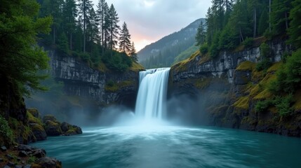 Fototapeta premium A high-quality photo of Reichenbach Falls in Switzerland at dawn, rainy conditions, taken from an ordinary perspective with rain enhancing the natural beauty of the waterfall.