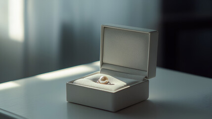 Elegant pearl ring in a light-colored box, presented on a white surface with soft lighting.