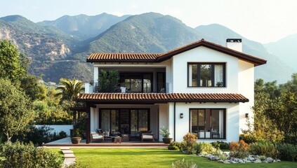 Obraz premium 3D rendering of a modern house with a terrace and garden on a sunny day.