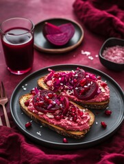 Monochrome set featuring beet hummus toast with pomegranate and pickled red onion on a plate with red juice
