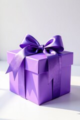 Obraz premium A luxuriously wrapped purple present box with a satin ribbon bow, illuminated by soft sunlight on a bright surface