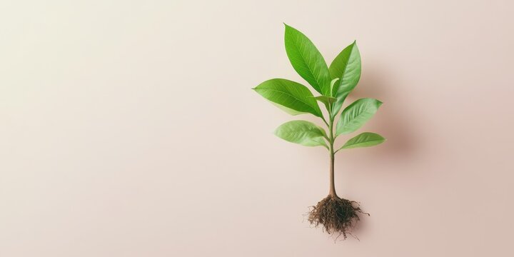Fresh green plant sprouting from soil against a neutral background.
