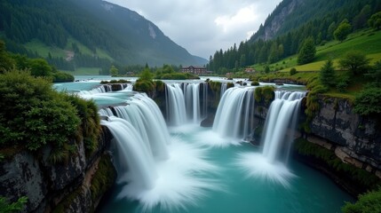 Fototapeta premium A detailed photo of Reichenbach Falls in Switzerland at dawn, rainy conditions, shot from above, capturing the cascading falls amidst the lush, rain-soaked landscape.