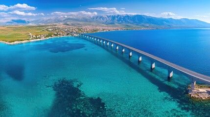 Aerial view of a highway bridge stretching across a deep blue bay.