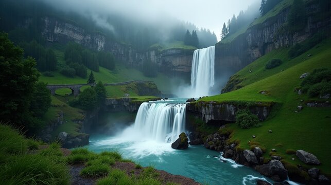 A detailed photo of Reichenbach Falls in Switzerland at dawn, rainy conditions, shot from above, capturing the cascading falls amidst the lush, rain-soaked landscape.