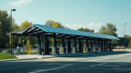Fototapeta premium An eco-friendly transport station with rainwater collection and solar panels.