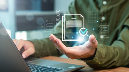 Businessman checking steps through a virtual online document with a list of checkboxes Concepts of practices and policies, regulation, Terms and conditions ,Evaluate quality and efficiency