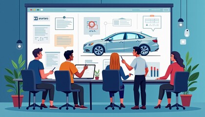An illustration of a car manufacturer's team brainstorming new designs.