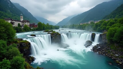 Fototapeta premium Rhine Falls in Switzerland during a rainy midday, captured from an ordinary perspective with water cascading powerfully, surrounded by mist and fog.
