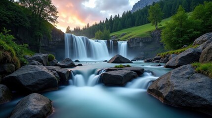 Fototapeta premium A high-quality photo of Reichenbach Falls in Switzerland at dawn, cloudy conditions, captured from an ordinary perspective with the waterfall shrouded in mist.