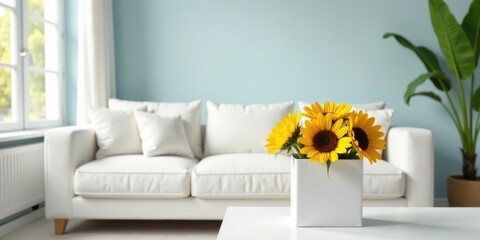 Sunflowers in a white cube vase brighten a minimalist living room with a white sofa and soft blue walls.