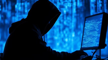A hooded individual at a computer with a digital blue matrix in the background, symbolizing cyber threats, hacking, and data security. Suitable for cybersecurity and tech themes.. AI Generation