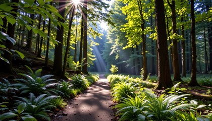 Fototapeta premium Lush green forest landscape with a sunlit path surrounded by tall trees and ferns. Sunlight filters through the leaves, creating a peaceful atmosphere.
