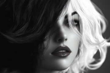 Naklejka premium Dual Beauty – Striking Black and White Hair Style