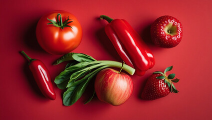 A vibrant still life arrangement of fresh, juicy red vegetables, including a plump red tomato, a sleek red bell pepper, a crisp red apple, and a luscious red strawberry