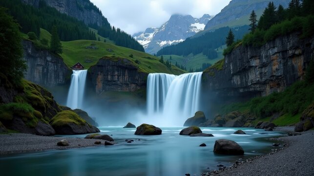 A high-quality photo of Reichenbach Falls in Switzerland, Europe, during dusk with cloudy skies