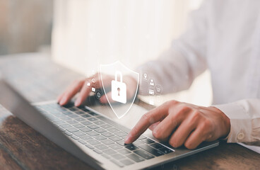Businessman showing concept of online password privacy on internet. Data security from crime scene. Cyber ​​security technology and data protection on internet. - obrazy, fototapety, plakaty