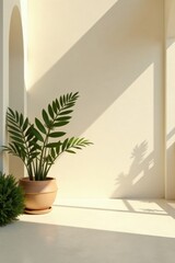 Serene Minimalist Indoor Scene with Potted Plant and Sunlight Shadows on a Neutral Wall