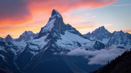 Professional photo of Mount Titlis in Switzerland, Europe, at dusk with sunny conditions from a regular perspective, capturing the last light of the day and clear sky.