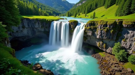 Fototapeta premium A professional photo of Reichenbach Falls in Switzerland during mid-day with sunny conditions, captured from an aerial perspective, highlighting the falls' grandeur.
