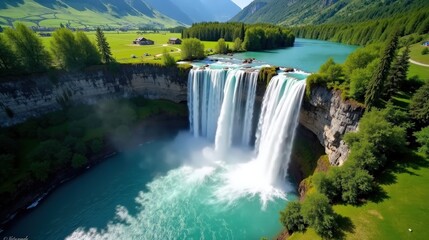 Fototapeta premium A professional photo of Reichenbach Falls in Switzerland during mid-day with sunny conditions, captured from an aerial perspective, highlighting the falls' grandeur.