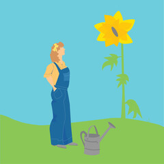 Woman watering sunflower simple illustration