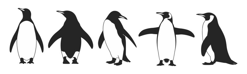 A series of black and white drawings of penguins in various poses. The mood of the images is playful and whimsical, as the penguins appear to be dancing, performing various actions. Vector silhouettes