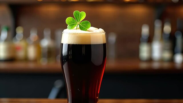 A dark beer with a shamrock on top sits on a wooden bar. Concept of: Celebrating Irish culture.
