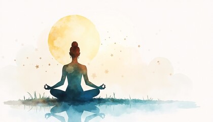 Watercolor meditation and mindfullnes lifestyle concept art, spiritual awerness, mental soul health, self care, healthy habit, relief.