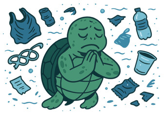 Turtle pleads for help amidst ocean pollution beach cleanup illustration marine environment close-up