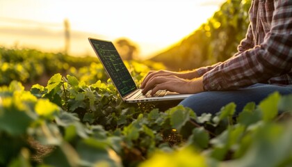 Sustainable Farming Farmer Analyzes Data on Laptop in Sunset Vineyard, Optimizing Practices