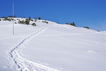 Lonely ski tour track in fresh snow leads uphill to a mountain summit under vibrant clear blue winter sky. Landscape image for solitude in the mountains, Schneealpe, Styria, Austria