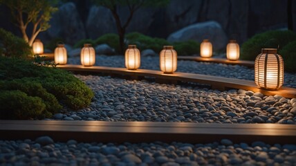 Serene nighttime garden scene with glowing lanterns along a pebbled path.