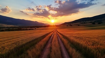 Fototapeta premium A dirt road in the middle of a wheat field at sunset